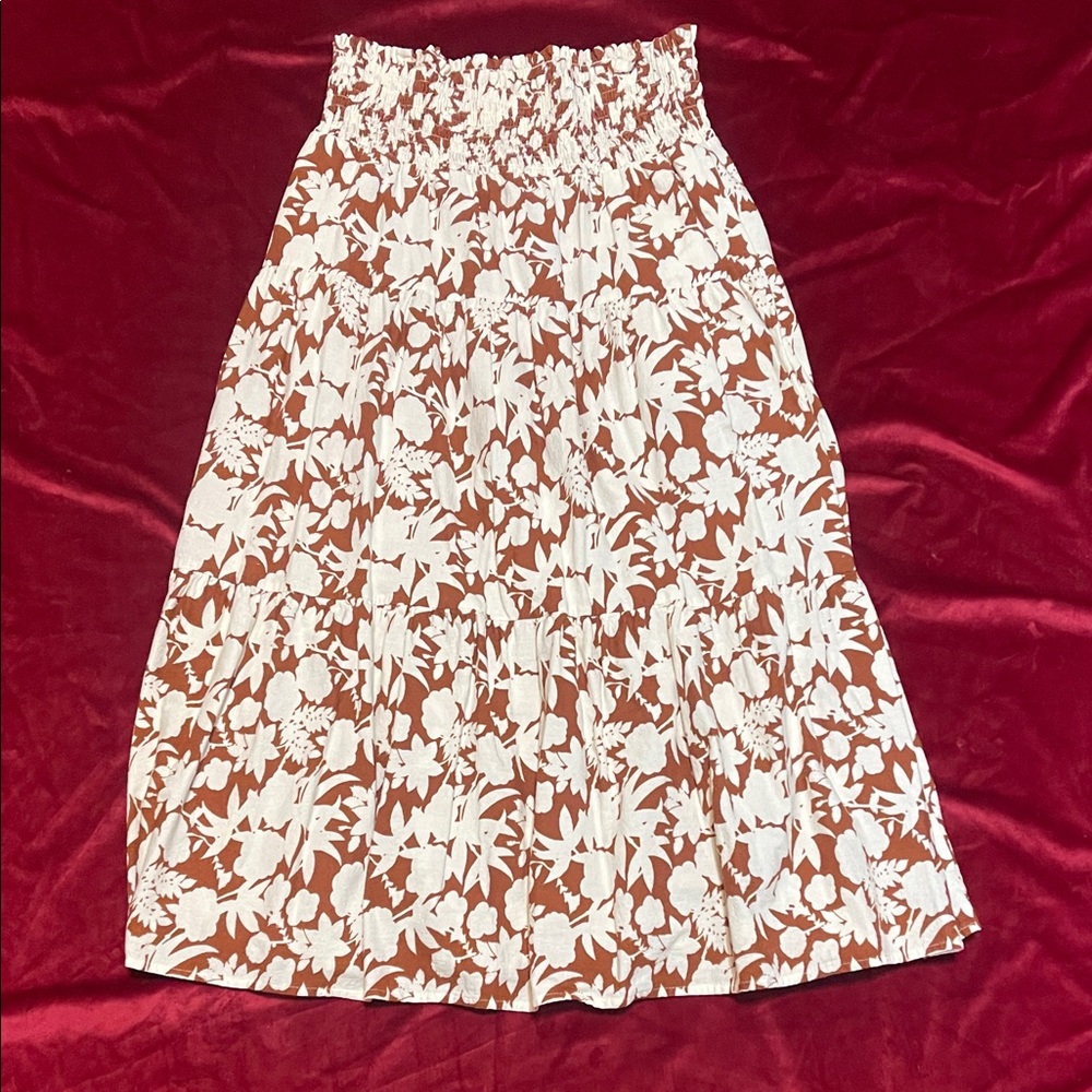 Universal Thread Brown/Cream Floral Midi Ruched Waist Skirt Size Medium